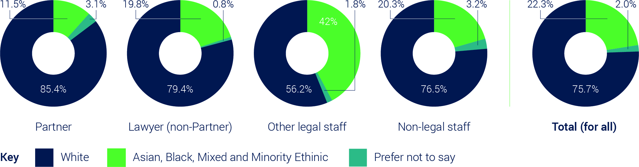 A series of pie charts depicting ethnicity statistics by role (Partner, Lawyer, Other legal staff and Non-legal staff) across Bevan Brittan employees